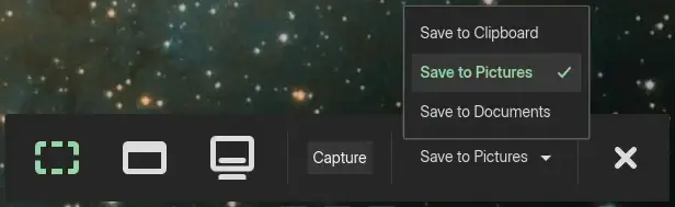 The COSMIC Screenshot toolbar containing a dropdown showing "Save to Clipboard", "Save to Pictures", "Save to Documents".